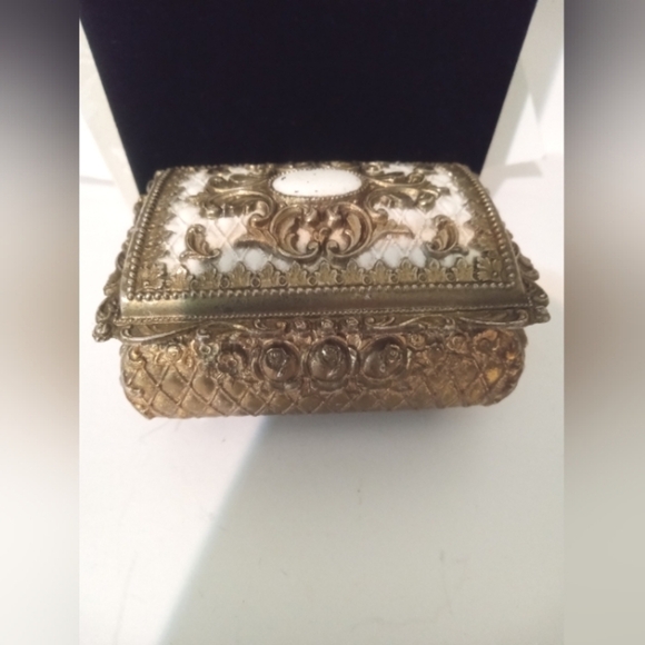Vintage Other - Vintage Metal Trinket Jewelry Box Hinged Japan Footed Red Interior